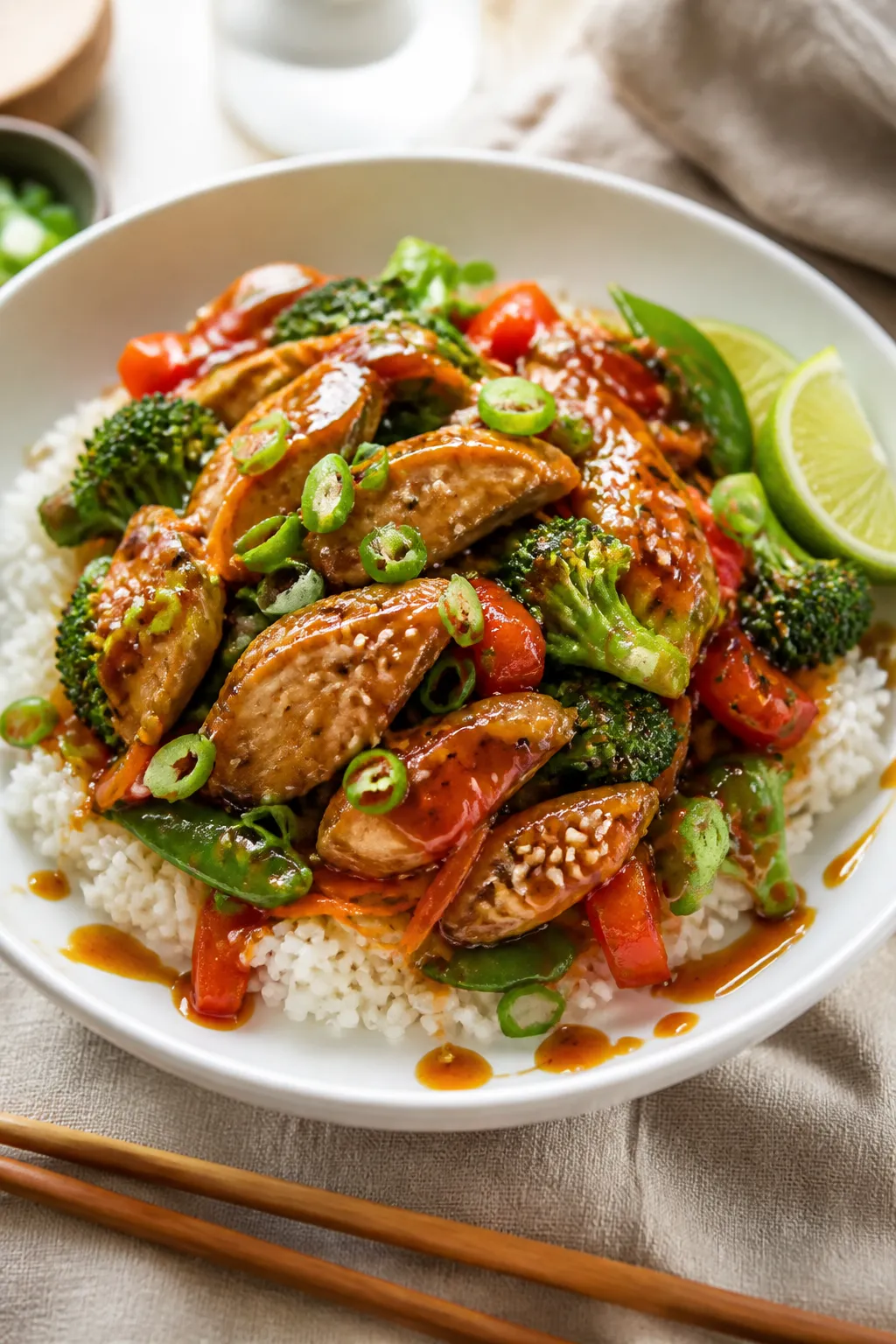 Final dish, plated beauty: Beautifully plated Easy Chicken Stir Fry over fluffy jasmine rice in a wi
