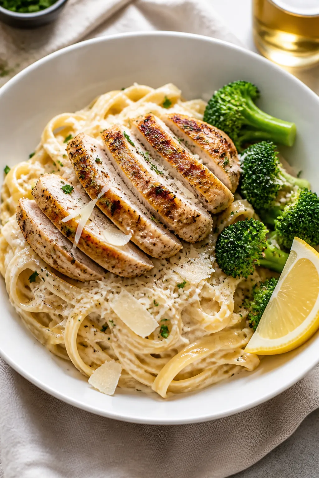 Final dish, plated bowl: Garlic Parmesan Chicken Bowls served over al dente pasta, coated in a silky
