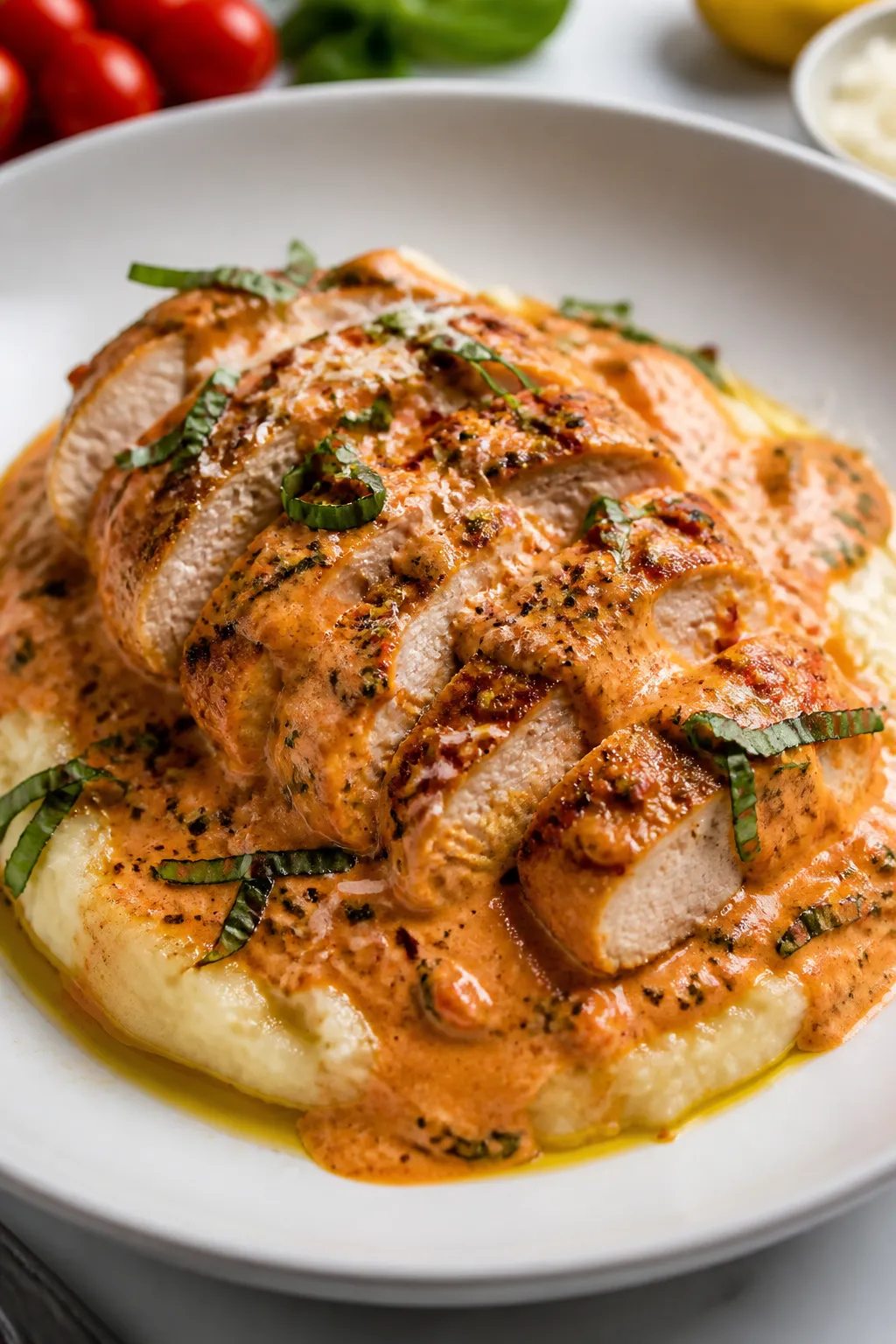 Final dish, plated: High Protein Marry Me Chicken sliced and fanned over silky mashed potatoes, gene
