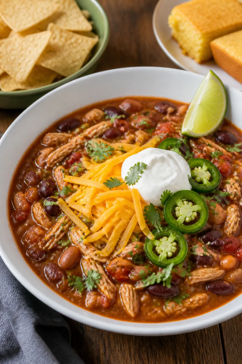 Final dish, plated presentation: Restaurant-quality bowl of slow cooker turkey chili served in a wid