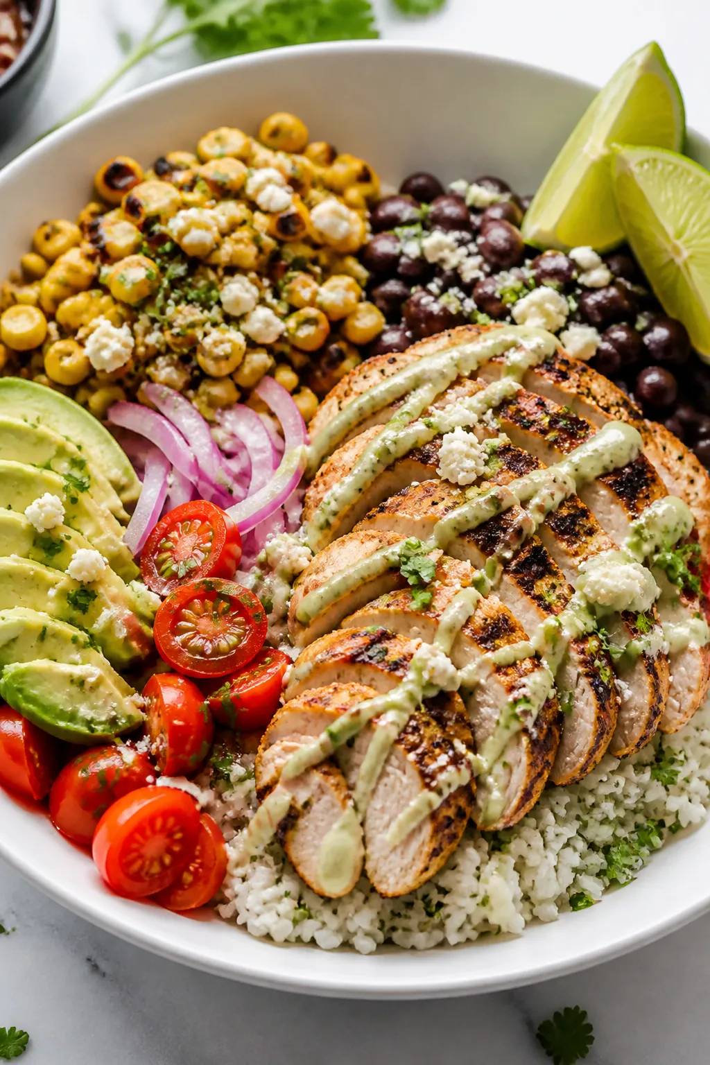 Final dish, plated: Street Corn Chicken Protein Bowl beautifully assembled in a wide white bowl—sl