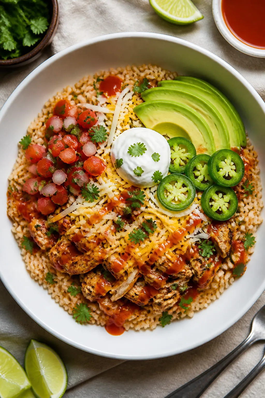 Final dish presentation: Beautifully plated burrito bowl over warm cilantro-lime rice, topped with s
