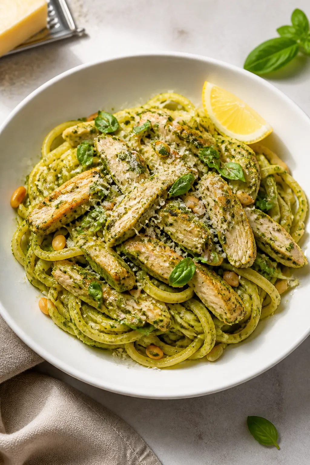 Final dish presentation: Beautifully plated Chicken Pesto Pasta in a shallow white bowl, sauce gloss