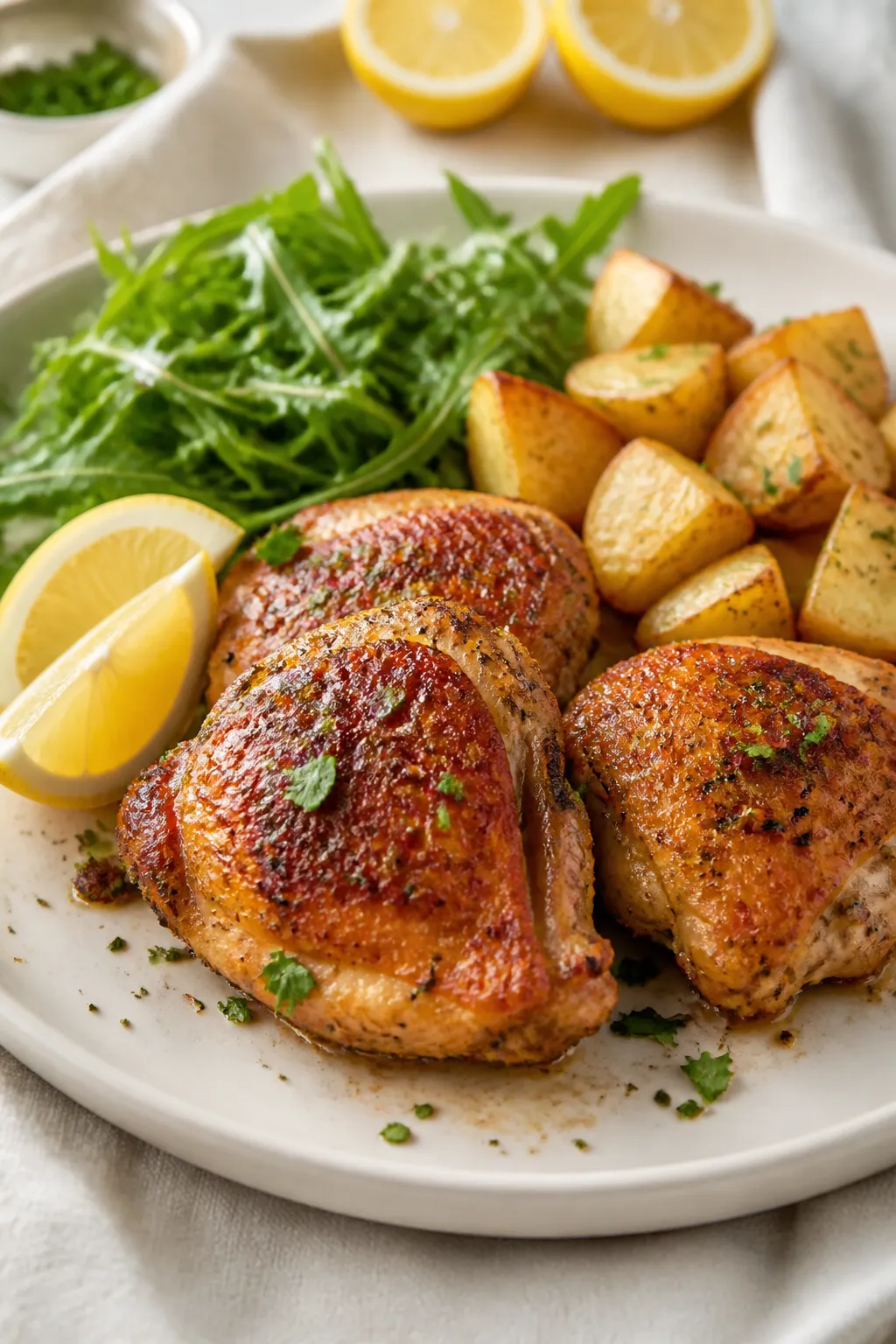 Final dish presentation: Beautifully plated crispy baked chicken thighs (2–3 pieces) with shatteri