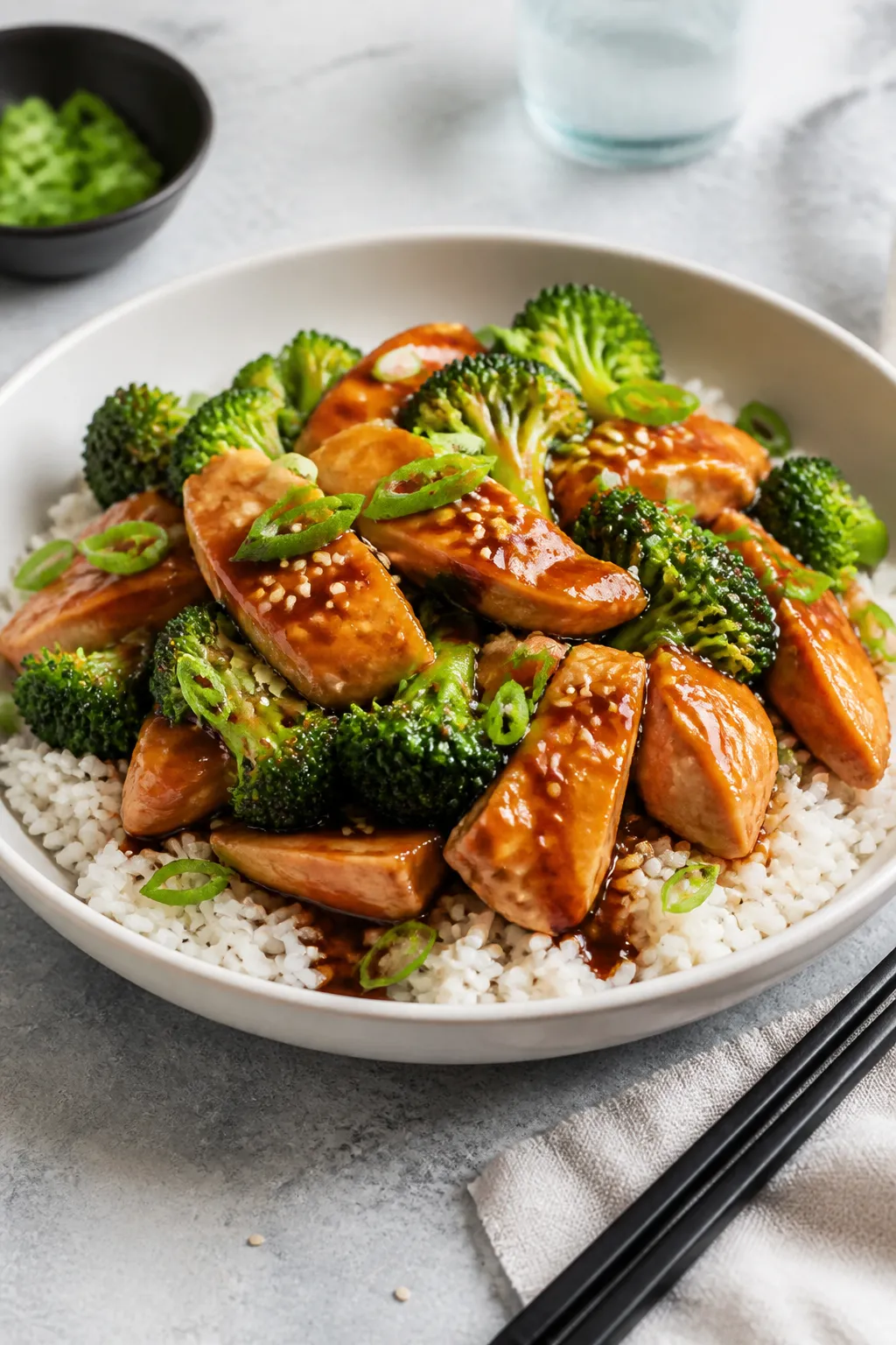 Final dish presentation: Beautifully plated Crockpot Teriyaki Chicken & Broccoli over fluffy jasmine