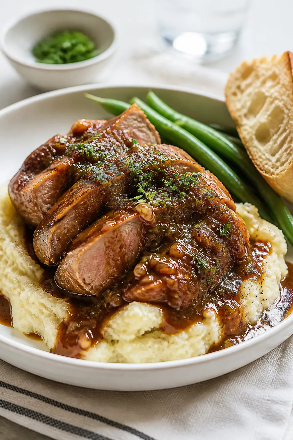 Final dish presentation: Beautifully plated Garlic Balsamic Pork Roast piled atop creamy mashed pota