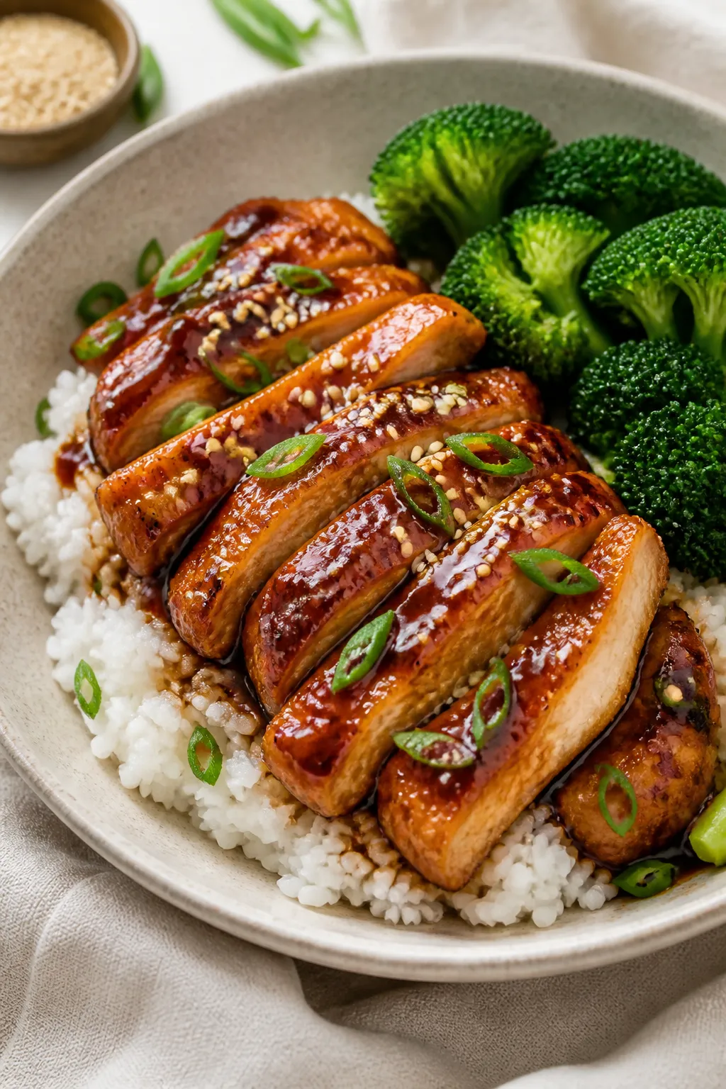 Final dish presentation: Beautifully plated High Protein Teriyaki Chicken Thighs sliced and fanned o