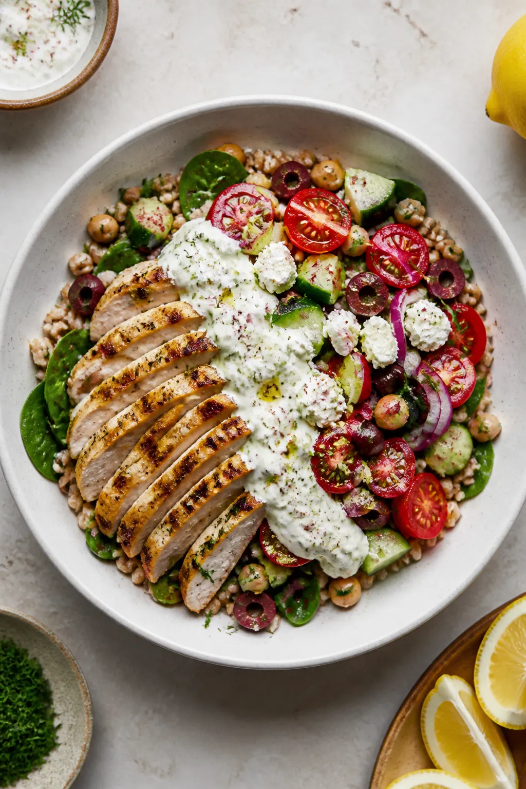 Final dish presentation: Beautifully plated High Protein Greek Chicken Bowl in a wide, shallow white