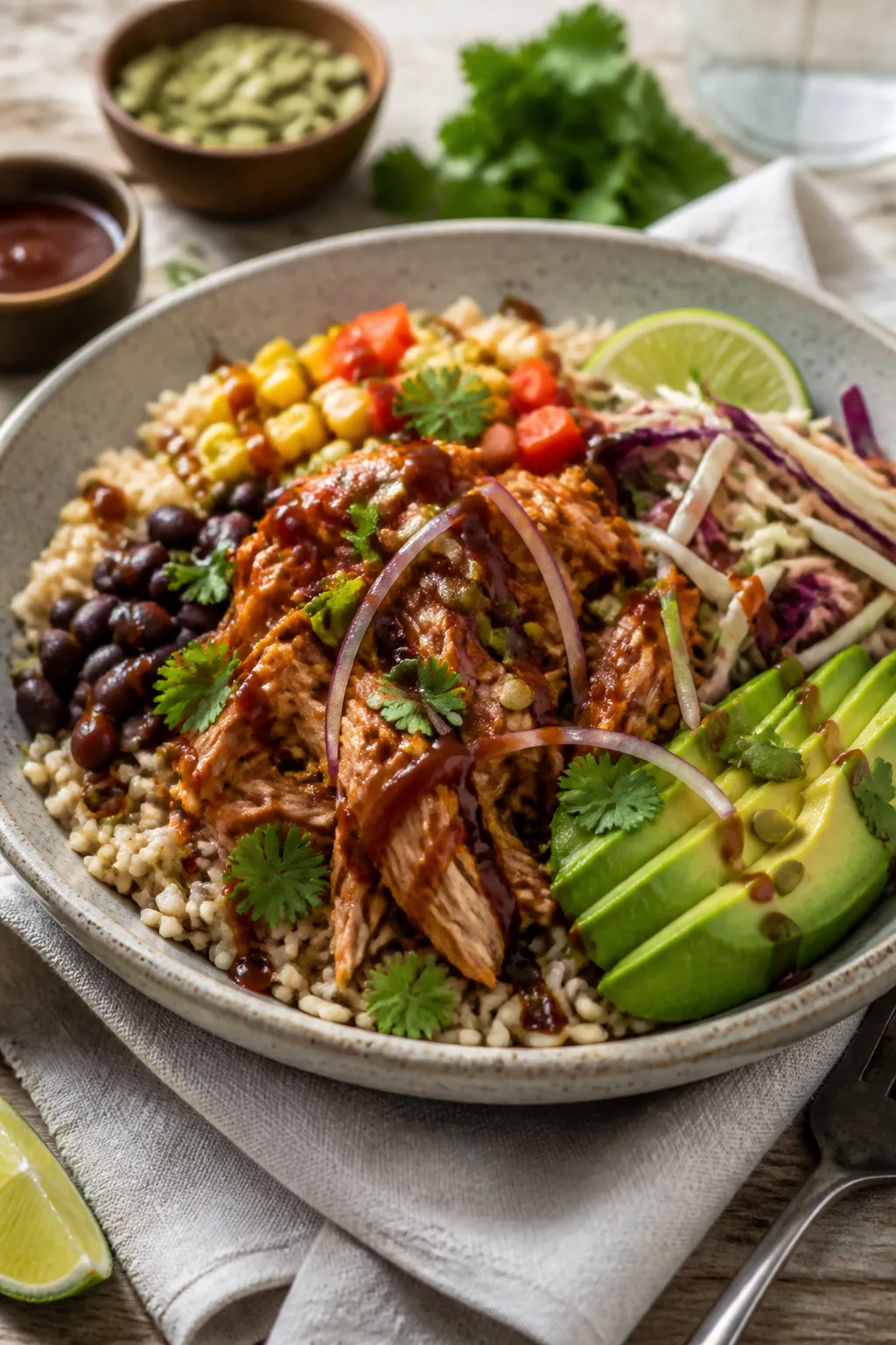 Final dish presentation: Beautifully plated Slow Cooker BBQ Chicken Protein Bowl in a wide, shallow