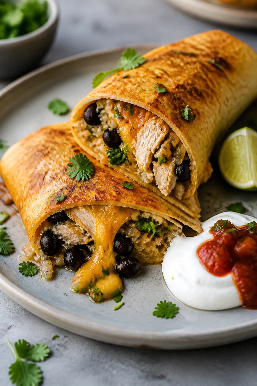Final dish presentation: Golden, skillet-crisped chicken burrito cut on the bias, oozing melted chee