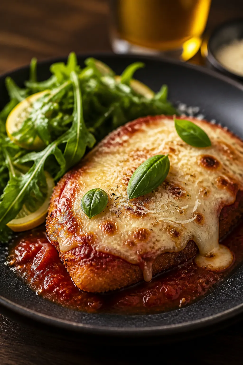 Final dish presentation: Restaurant-quality plate-up of a single chicken parmesan cutlet on a matte 