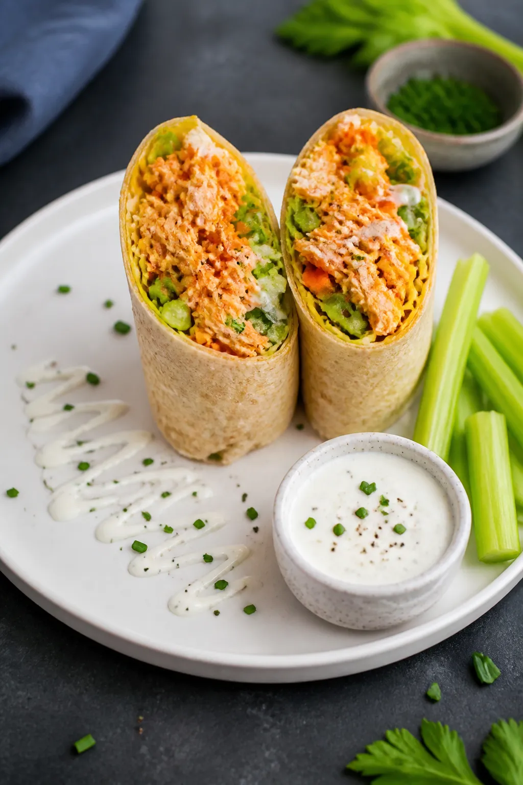 Final dish presentation: Restaurant-quality plate with two neatly sliced buffalo chicken wrap halves