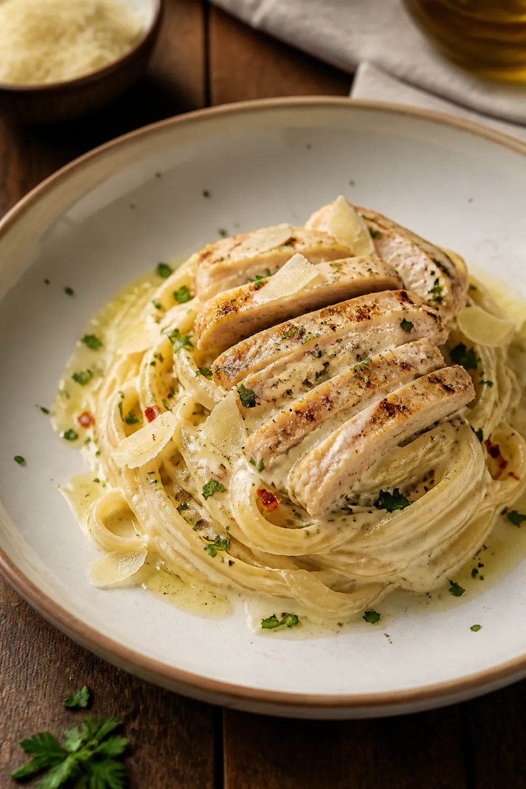 Final dish presentation: Restaurant-quality plate of High Protein Chicken Alfredo twirled into a nea