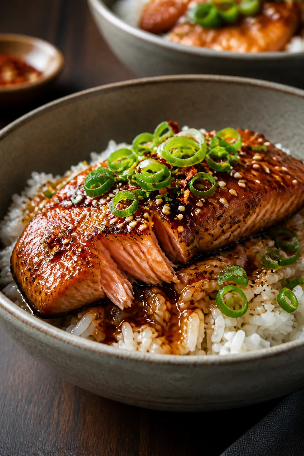 Final dish presentation: Restaurant-quality plated teriyaki salmon rice bowl in a wide, shallow ston