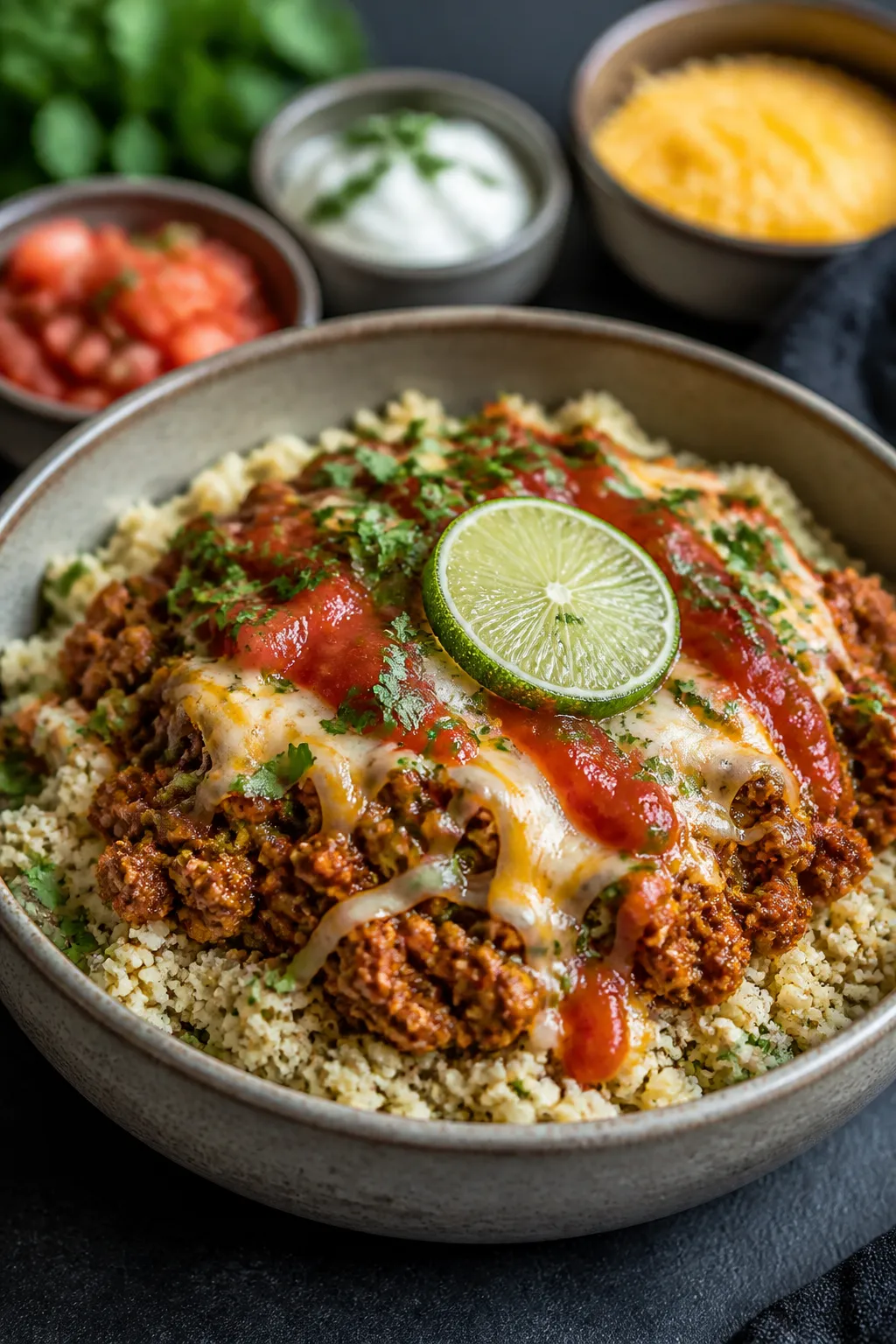 Final dish presentation: Restaurant-quality plated turkey taco bowl variation with cauliflower rice 