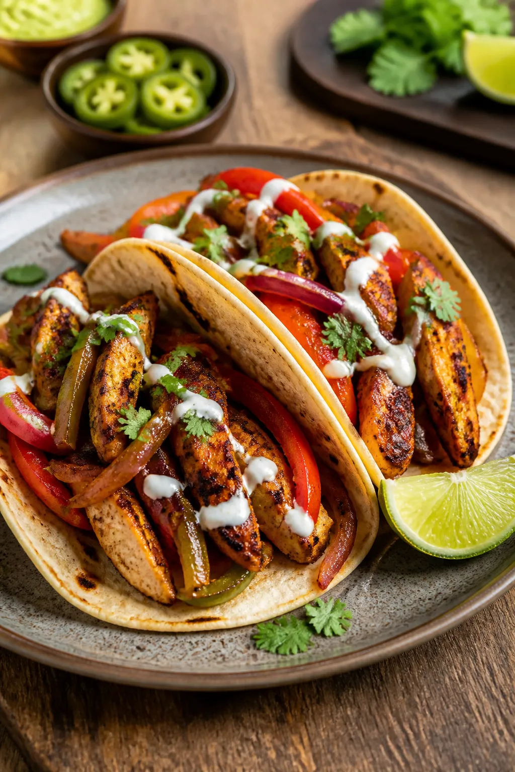 Final dish presentation: Restaurant-quality plated chicken fajitas—two tortillas loaded with juicy