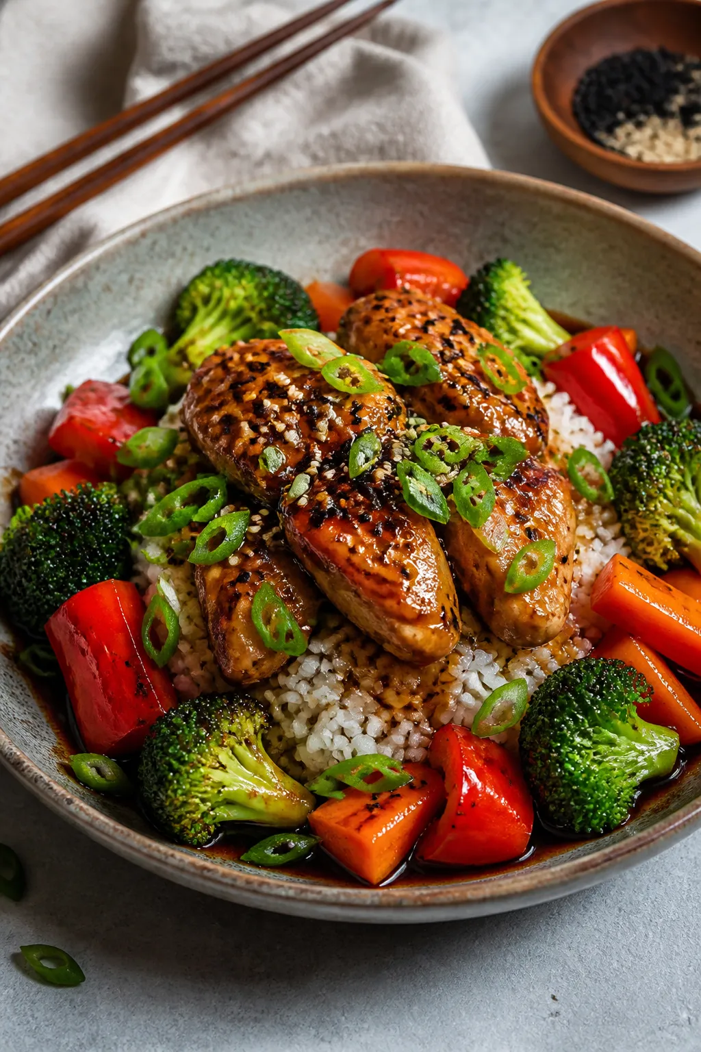 Final dish presentation: Restaurant-quality plated Teriyaki Chicken Bowl in a wide, shallow ceramic 