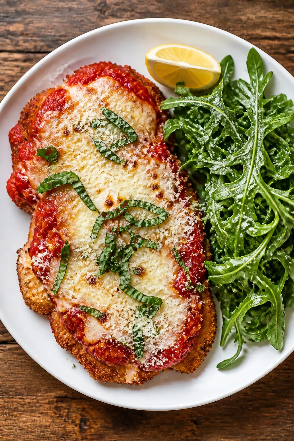 Final dish presentation: Restaurant-quality plated Chicken Parmesan—two thin cutlets layered with