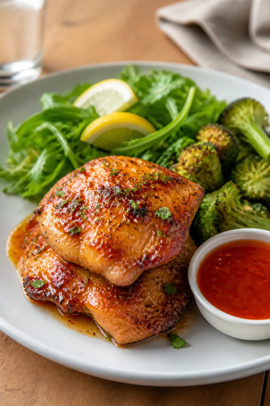Final dish presentation: Restaurant-quality plated High Protein Hot Honey Chicken Thighs—two thigh