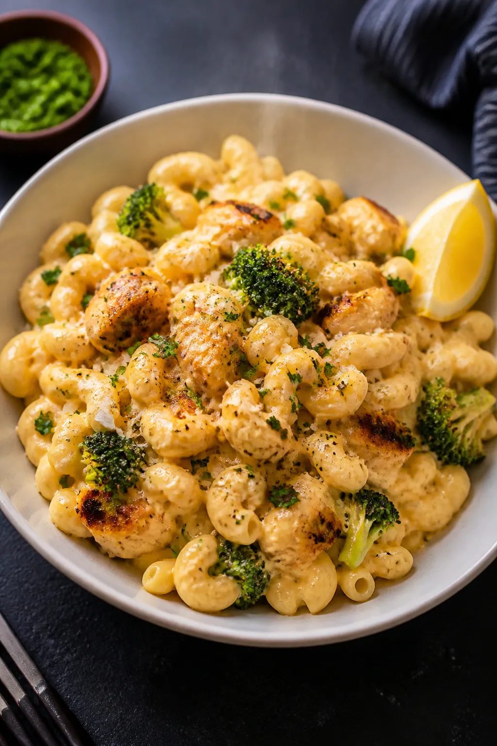 Final dish presentation: Restaurant-quality plated bowl of high protein chicken mac and cheese, ultr