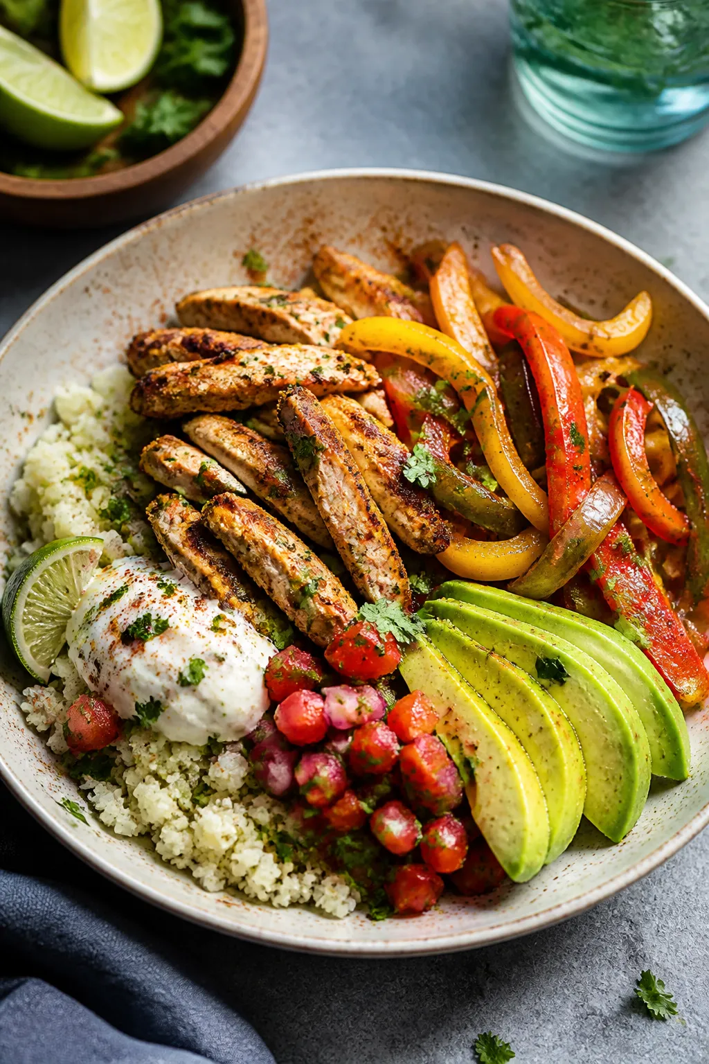 Final dish presentation: Restaurant-quality plated chicken fajita bowl in a wide, shallow ceramic bo