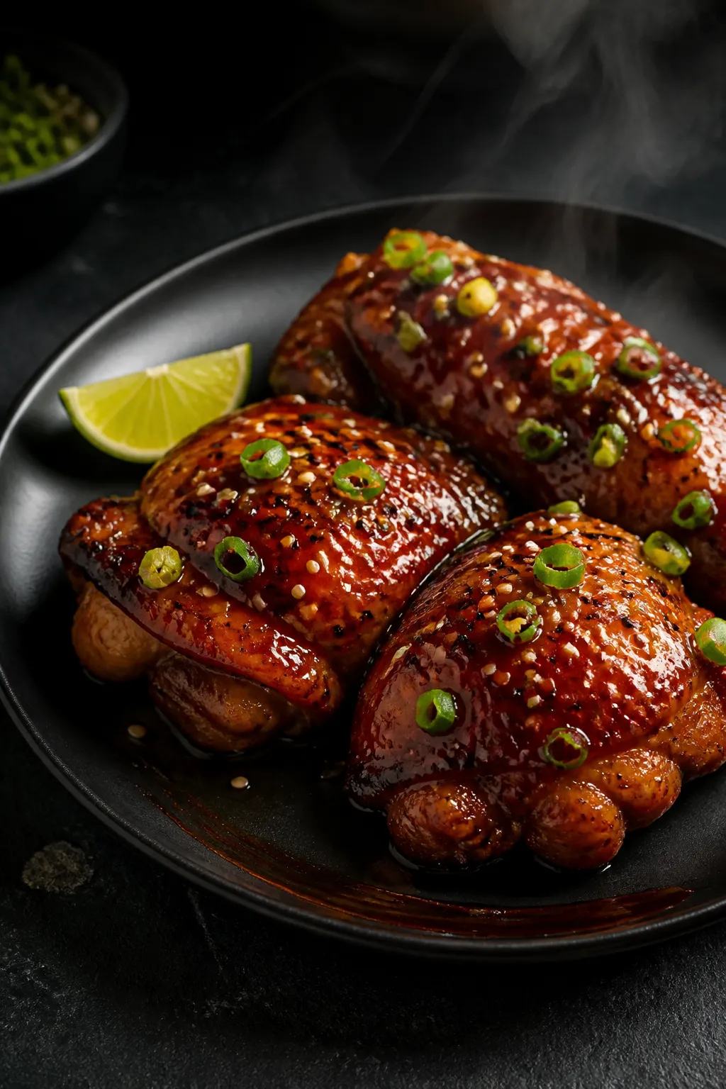 Final dish presentation: Restaurant-quality plating of whole glazed chicken thighs on a matte black 
