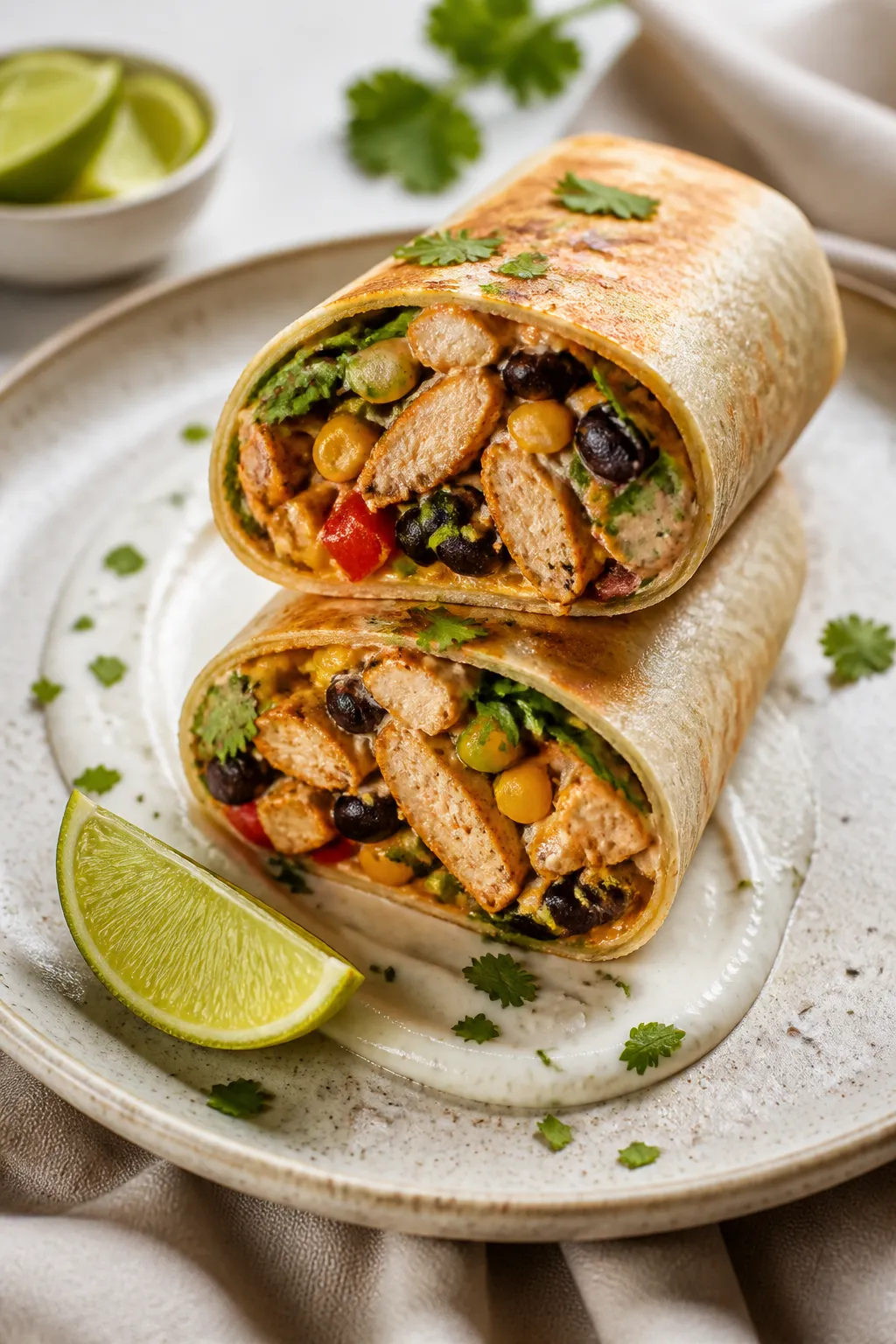 Final dish presentation: Restaurant-quality plating of a fully rolled and neatly cut Southwest chick
