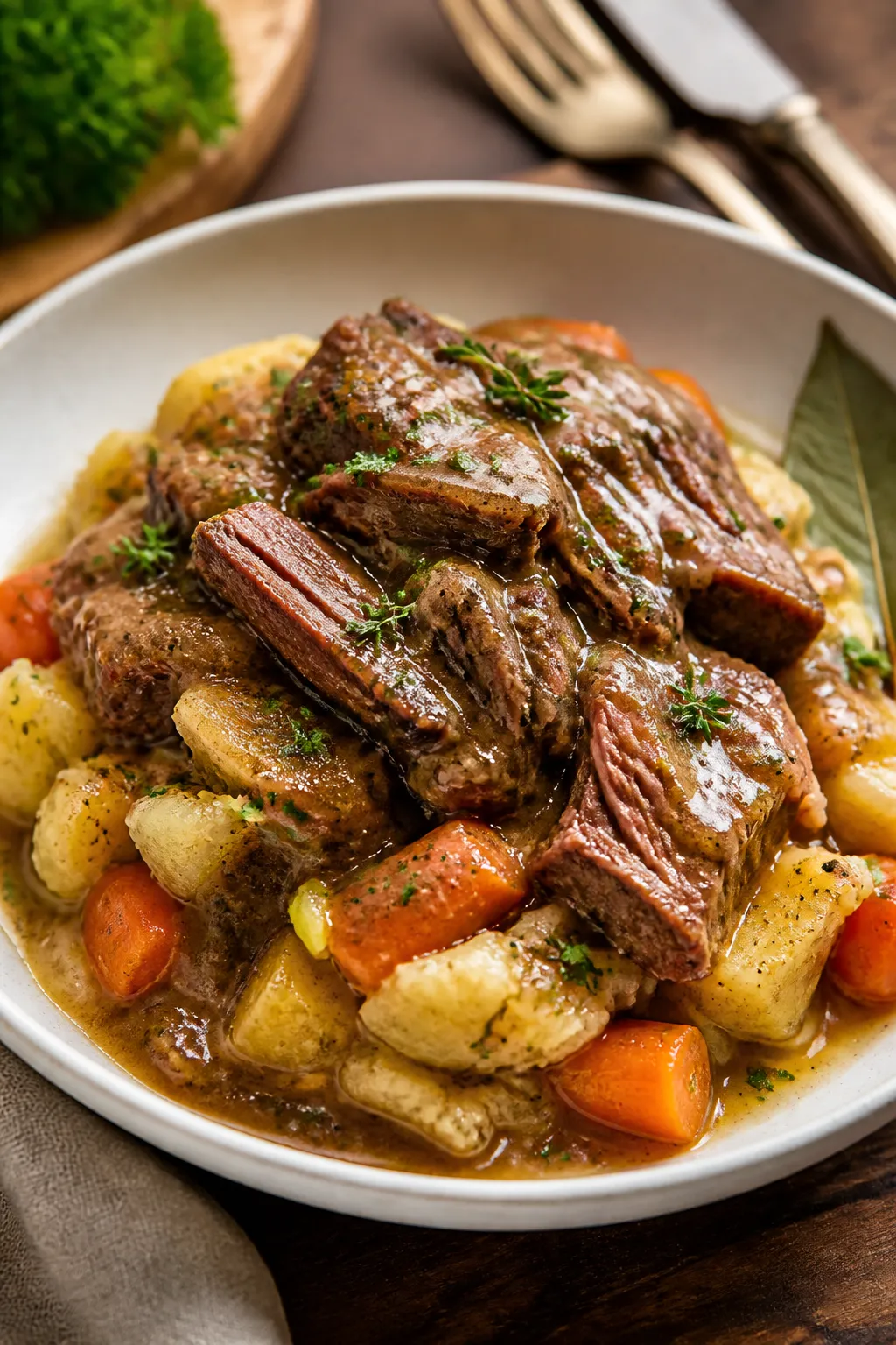 Final dish presentation: Restaurant-quality plating of Crockpot Garlic Herb Pot Roast—spooned rust