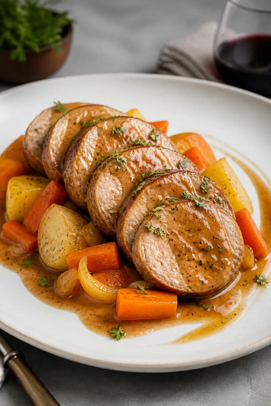 Final dish presentation: Restaurant-quality plating of slow cooker pork tenderloin & vegetables—fa