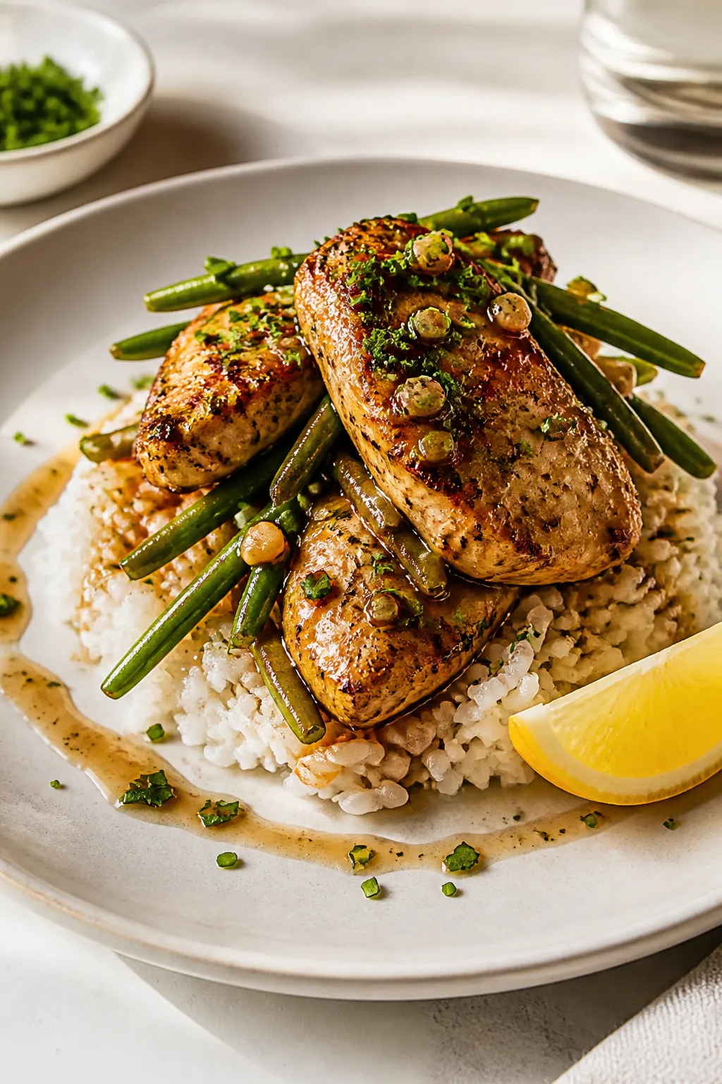 Final dish presentation: Restaurant-quality plating of the garlic chicken and green beans over a sma