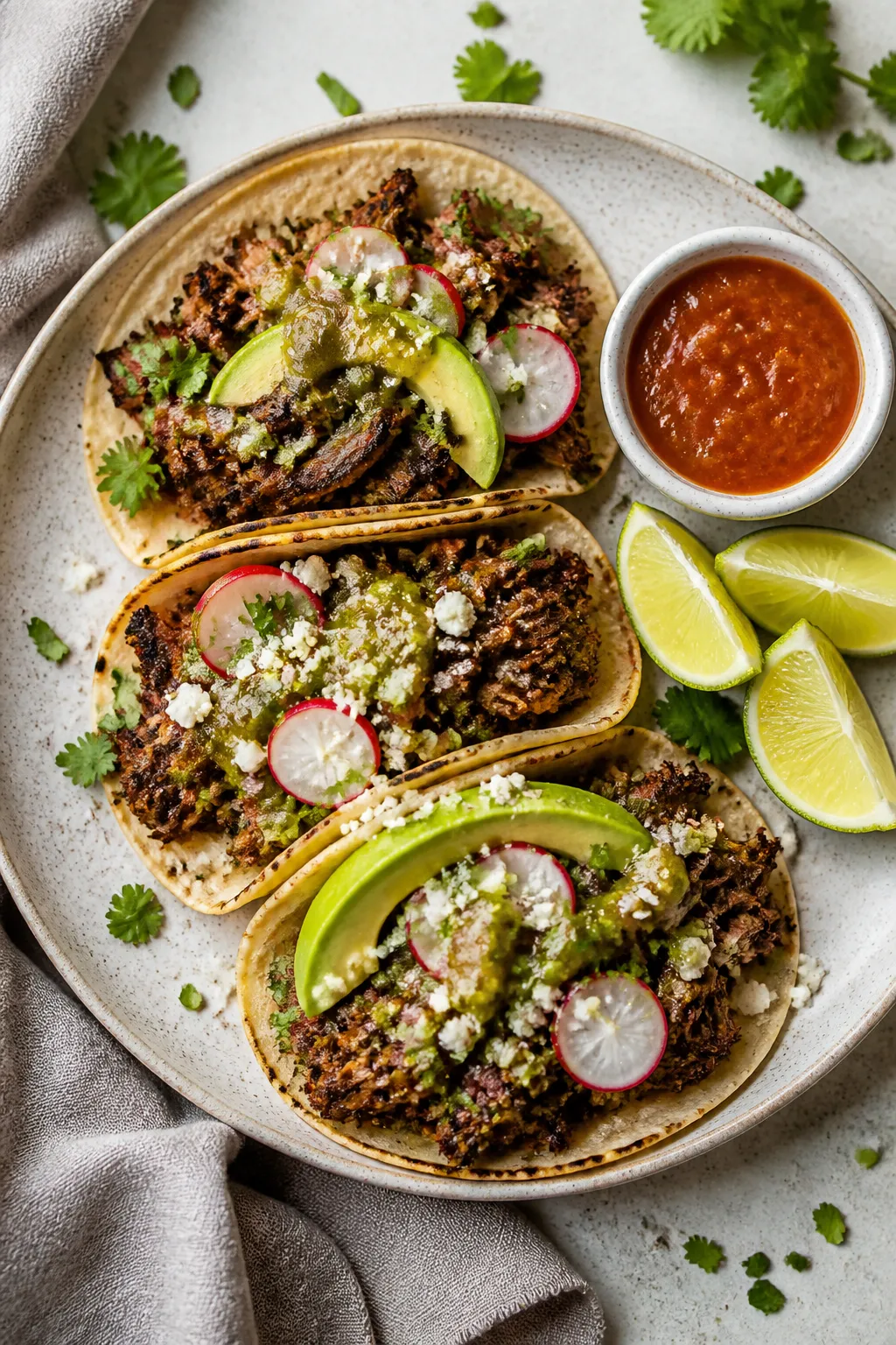 Final dish presentation: Tacos de shredded beef, three street-style corn tortillas on a neutral cera