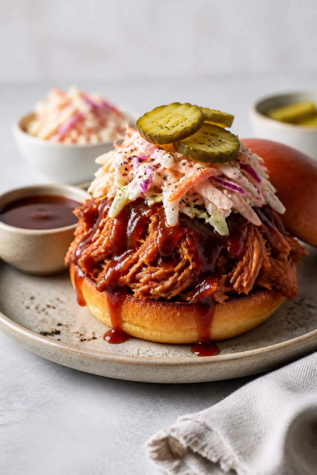 Final dish presentation: Toasted brioche buns piled high with saucy Crockpot pulled pork, topped wit