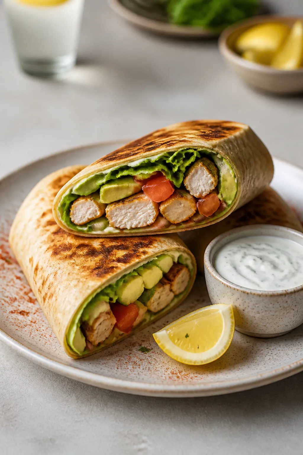 Final dish presentation: Two toasted chicken avocado wraps, seam-side crisped to a light golden fini