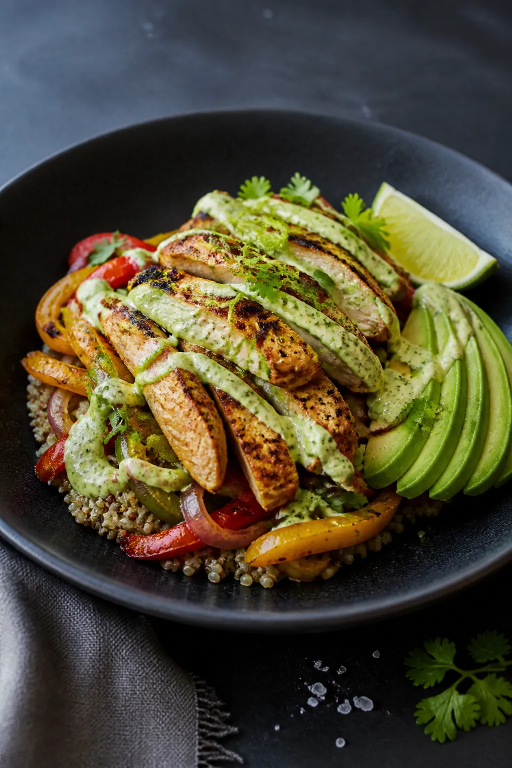 Final dish, restaurant-quality plating: Beautifully plated chicken fajita bowl with quinoa base, gli