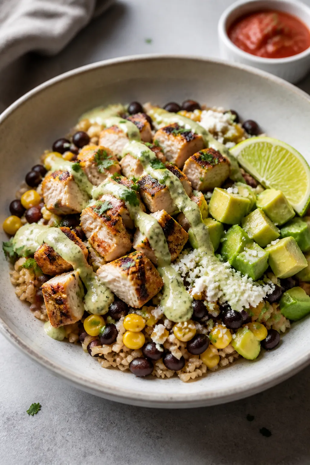 Final dish, restaurant-quality plating: Single composed burrito bowl in a shallow stoneware plate wi