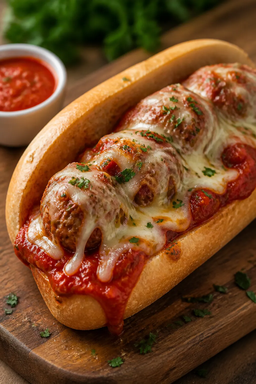 Final dish sandwich presentation: Restaurant-quality meatball sub on a toasted hoagie roll, packed w