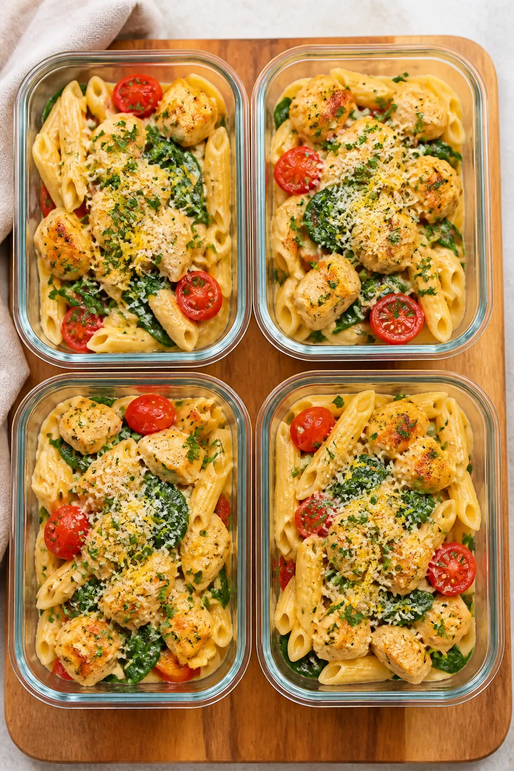 Final dish, tasty top view: Overhead shot of High Protein Chicken Pasta meal-prepped into four neat
