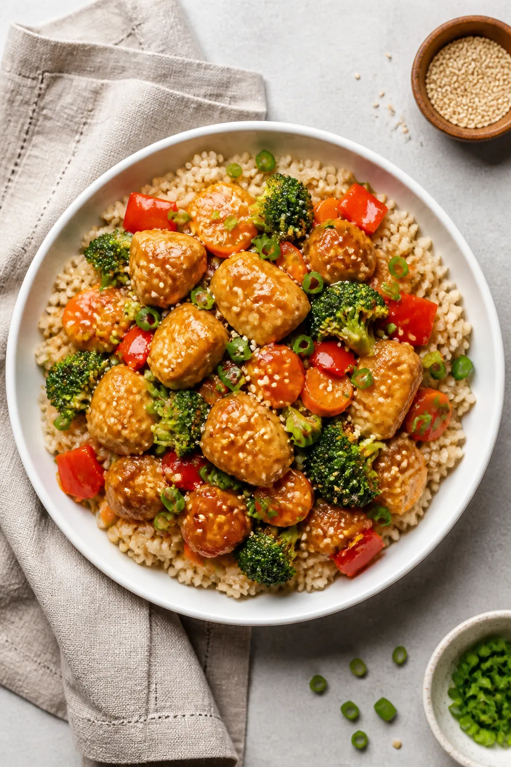 Final dish top view: Healthy Orange Chicken Bowl beautifully plated over warm brown jasmine rice in 