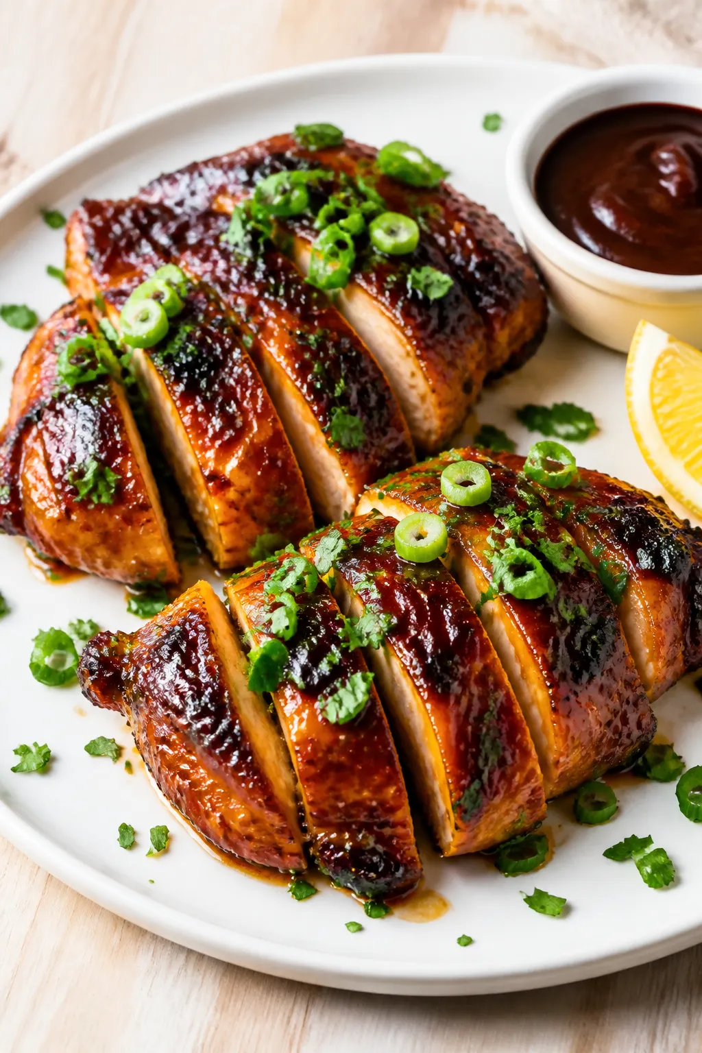 Final plated: Beautifully plated High Protein BBQ Chicken Thighs, two thighs sliced to show moist in