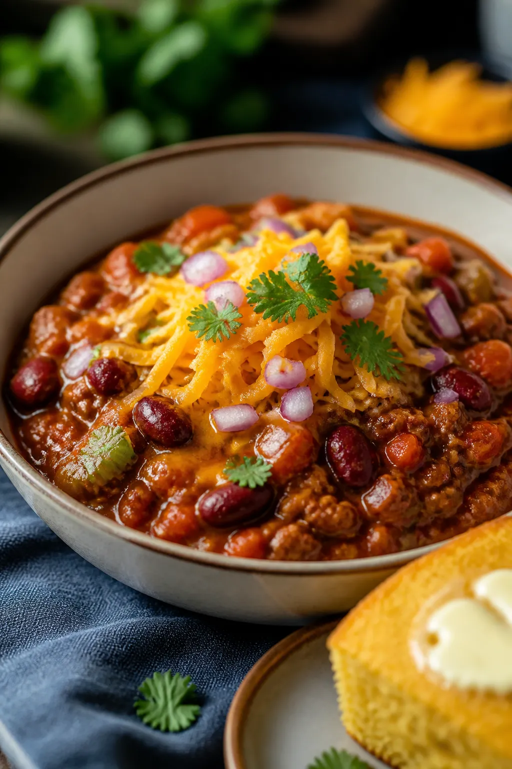 Final plated beauty: Restaurant-quality presentation of Buffalo Turkey Chili in a wide, shallow cera