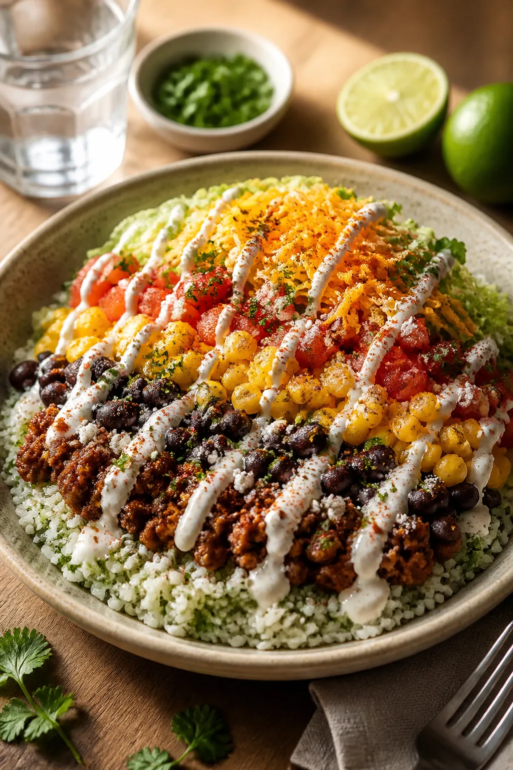 Final plated beauty: Restaurant-quality presentation of a High Protein Taco Rice Bowl on a wide, sha