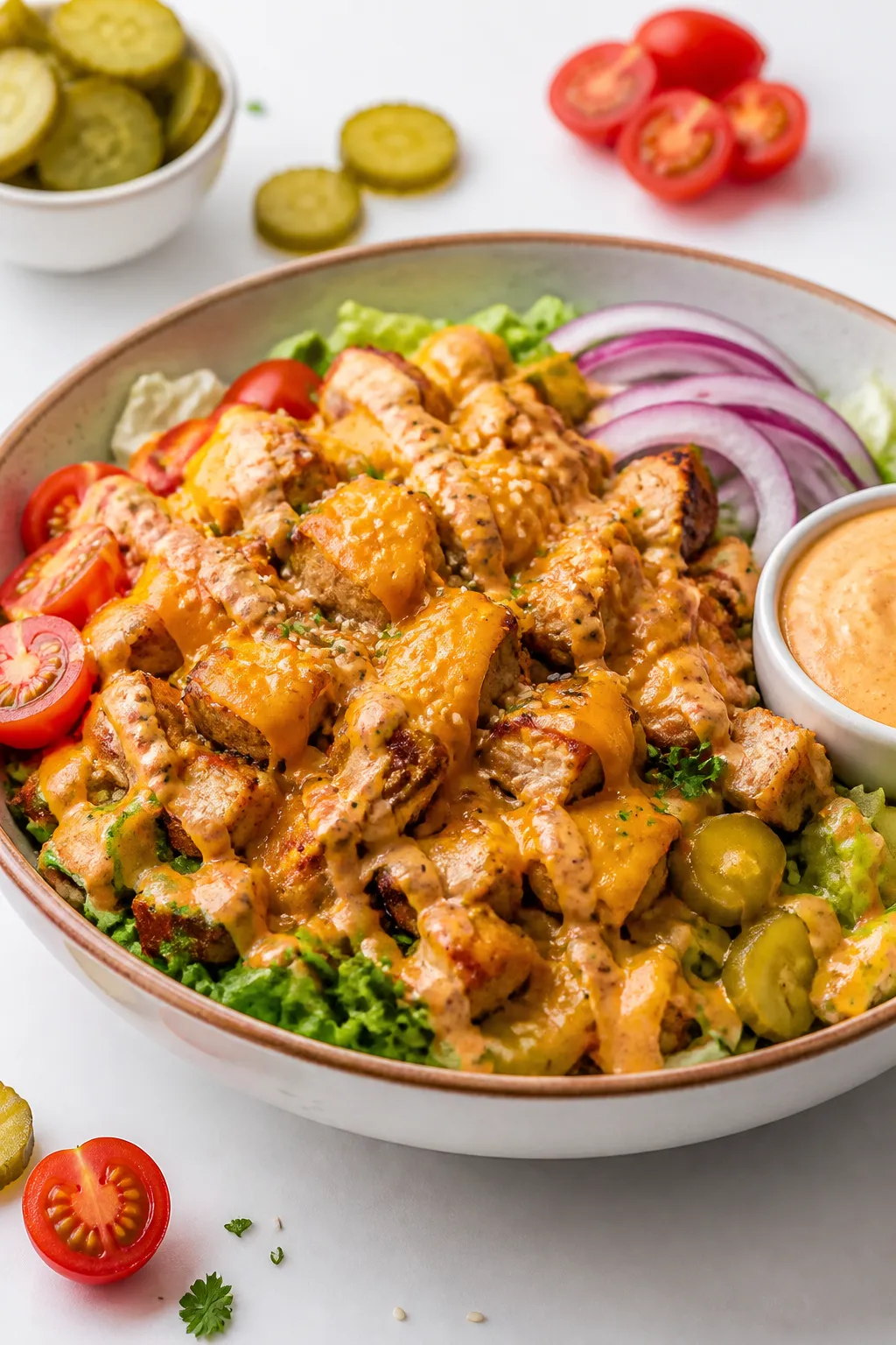 Final plated beauty: Single Chicken Cheeseburger Bowl styled in a wide, shallow ceramic bowl; warm, 