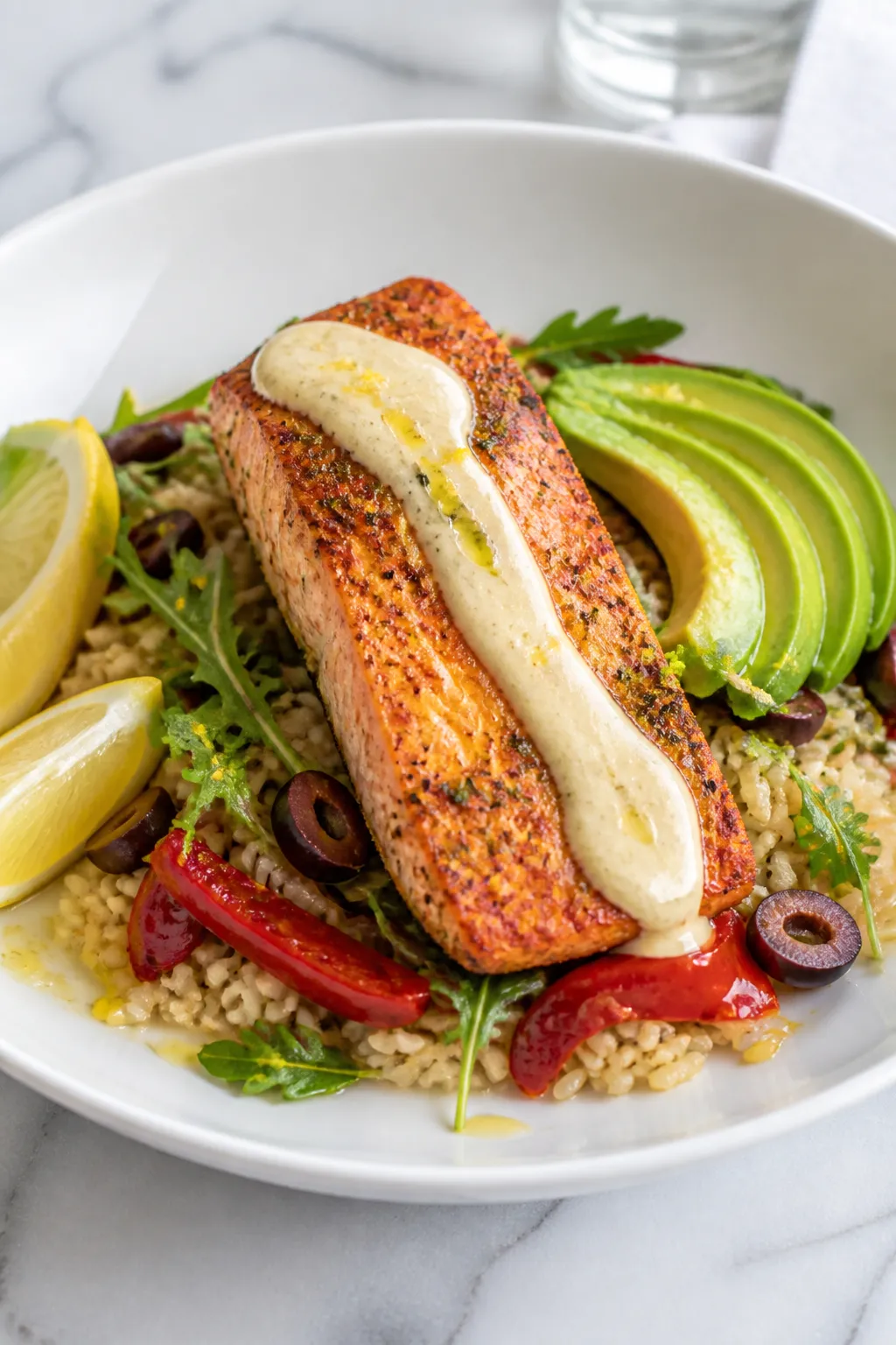 Final plated beauty: Single Mediterranean Salmon Bowl hero shot on a wide, shallow white plate—per