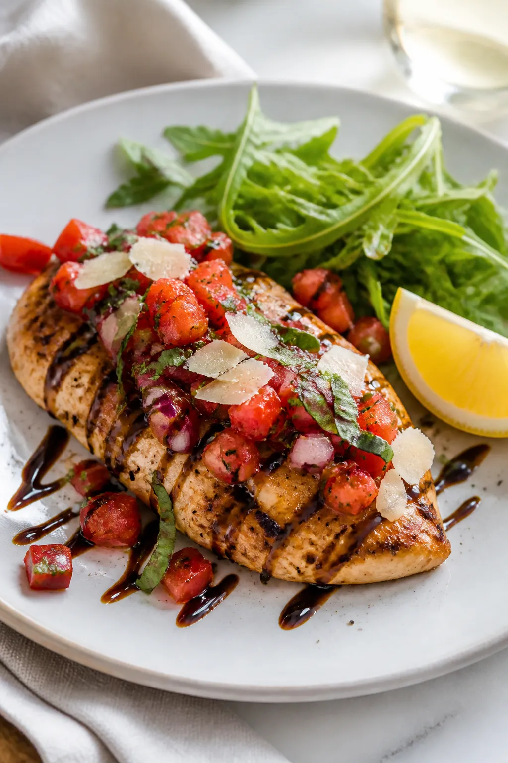 Final plated, bistro style: Beautifully plated High Protein Bruschetta Chicken on a white ceramic pl