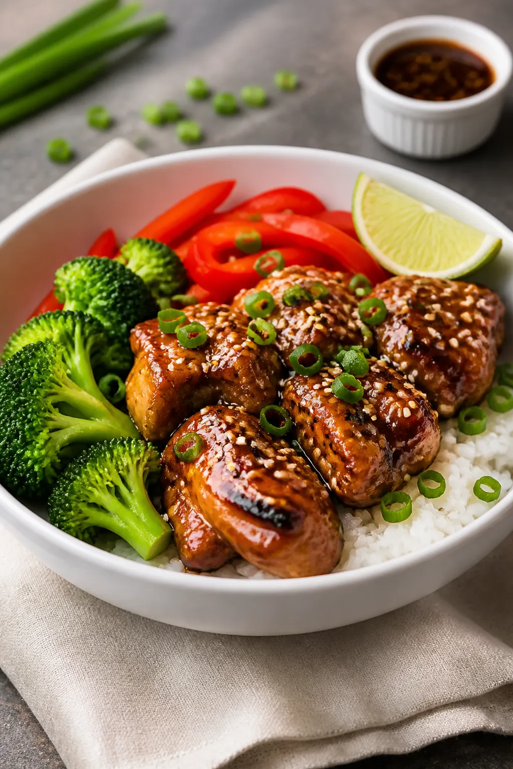 Final plated bowl: Beautifully composed High Protein Teriyaki Chicken bowl with glossy, lacquered ch