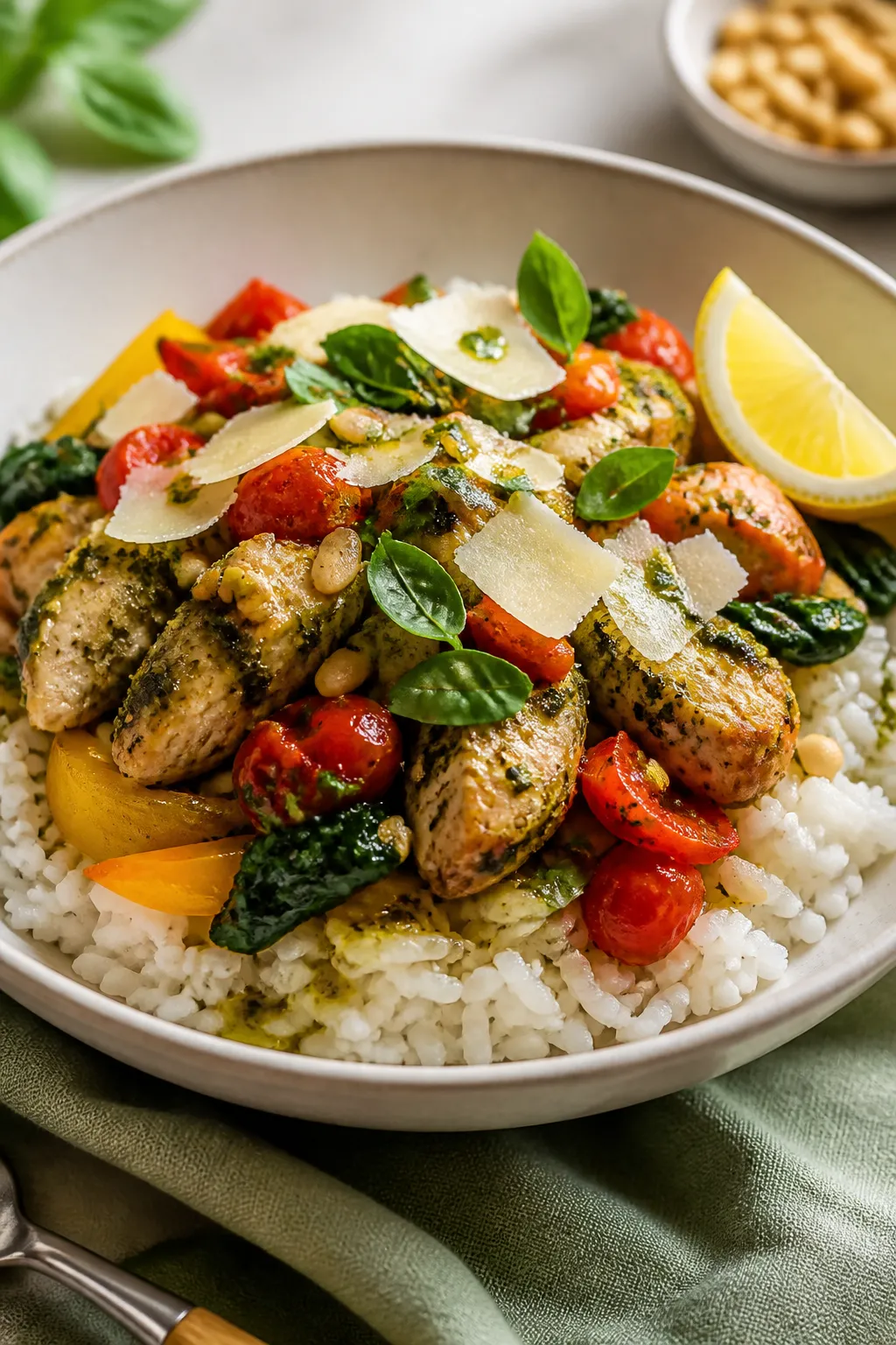 Final plated bowl, : Beautifully plated Chicken Pesto Rice Bowl in a matte white shallow bowl—fluf