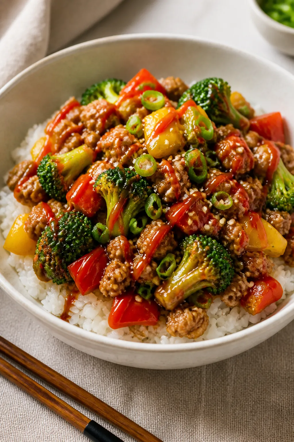 Final plated bowl – : Beautifully plated Ground Turkey Teriyaki Bowl over fluffy jasmine rice in a