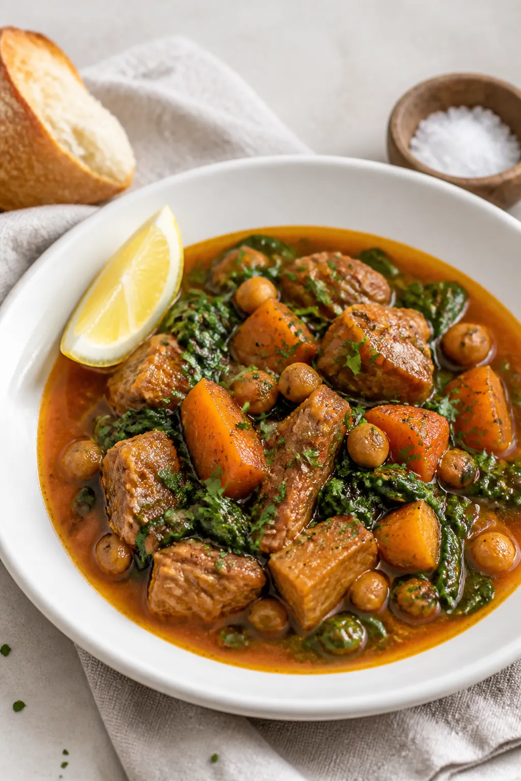 Final plated bowl, : Beautifully plated pork stew in a wide, shallow white bowl, glossy broth with v