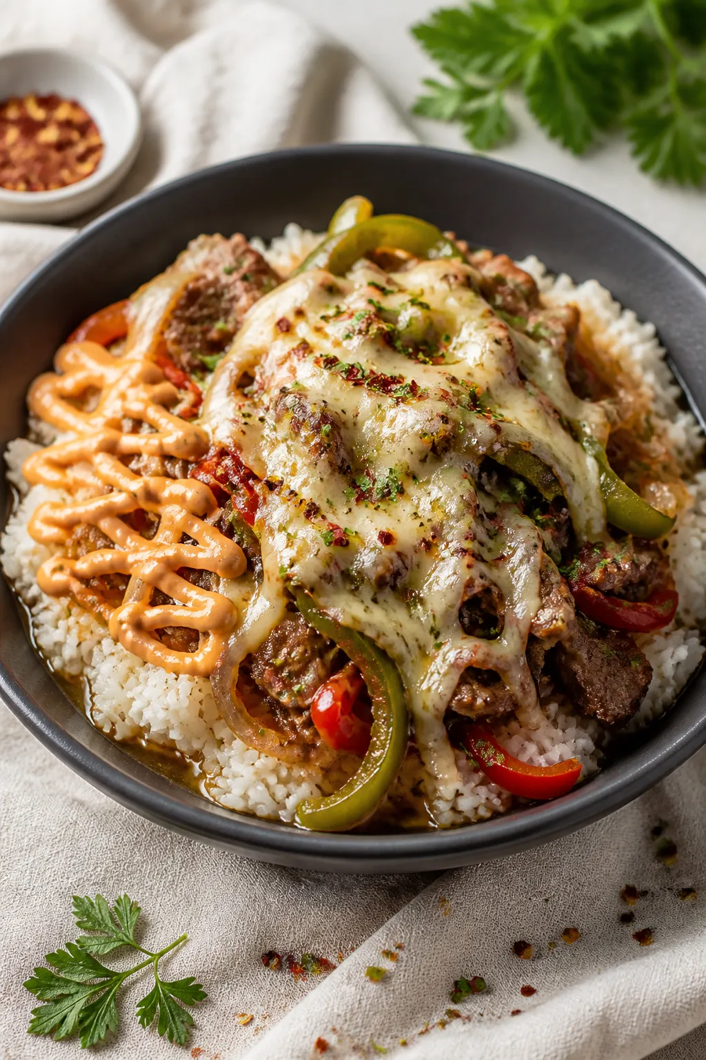 Final plated bowl, : Crockpot Philly Cheesesteak Bowl served over fluffy white rice in a matte charc