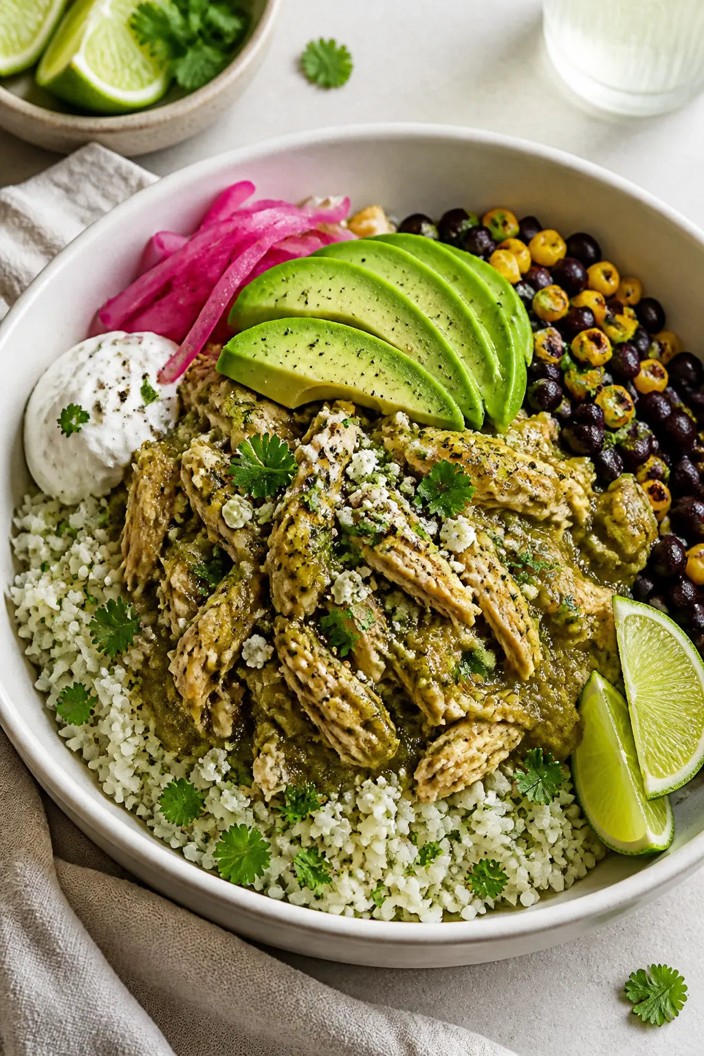 Final plated bowl, restaurant-quality: Crockpot Salsa Verde Chicken Bowl arranged over fluffy cilant